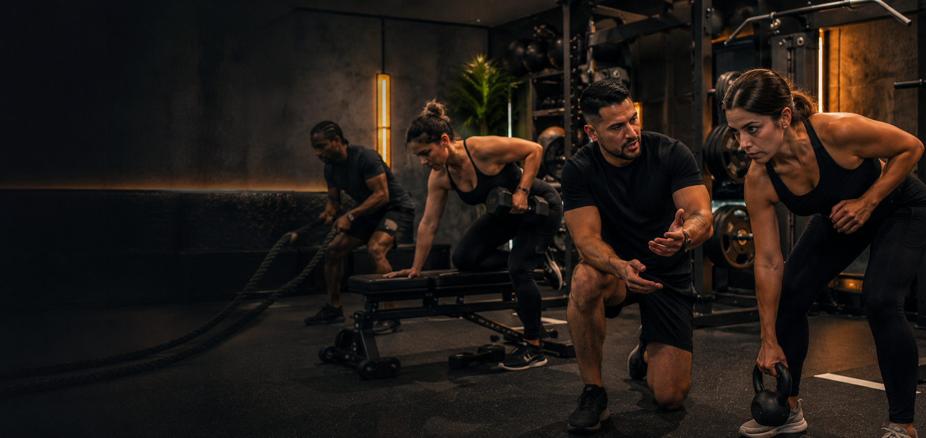 Entrenamiento semi-personalizado con un coach guiando a un grupo en un estudio de fuerza